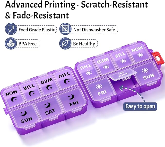 Foldable & Portable Weekly Pill Organizer 2 Times a Day with Clear Printed Labels - 7 Day AM PM Medicine Box, Week Daily Travel Pill Case Holder for Medications, Vitamin, Supplement - Clear Purple