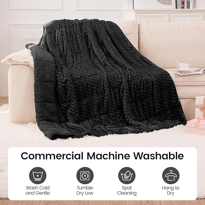 Super Fuzzy Soft Fleece Sherpa Weighted Blanket 20 lbs for Adults, 3D Imitation Turtle Shell Luxury Weighted Throw for Better Sleep, Dual Sided Cozy Heavy Blankets for Couch Bed, Black, 60" x 80"
