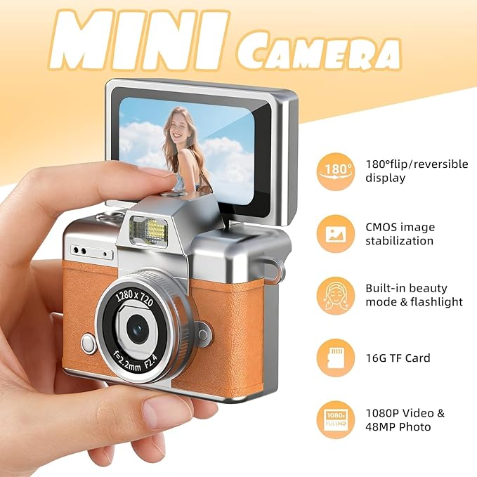 Mini Keychain Camera with Flip Screen Series,1080P HD Multiple Shooting Recording Modes, Portable Digital Camera with 16GB SD Card for Travel, Party. Ideal Pendant Gift