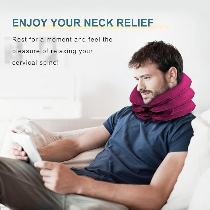 Neck Stretcher, Neck Traction Device, Cervical Traction Device for Neck Pain Relief, Neck Brace Adjustable Inflatable Neck Stretcher, Neck Decompression Devices Home Use (Red)