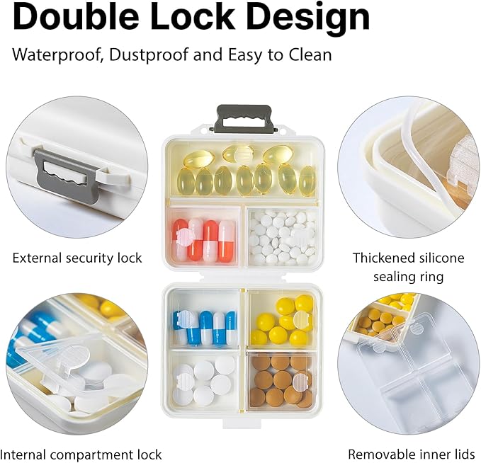 1 Pack Travel Pill Organizer,Portable Daily Pill Box,7 Grid Compartments Weekly Pill Case with Lables,Mini Medicine Organizer Box,Compact Pocket Pharmacy for Purse Vitamin Fish Oil Container (White)