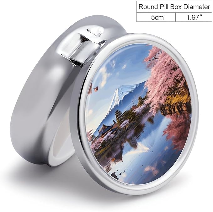 Mount Fuji Cherry Blossom Trees Pill Box Travel Pill Case for Purse Pocket Weekly Medicine Organizer with Mirror 3 Compartment Round Medicine Case Portable PillcaseHolder for Daily