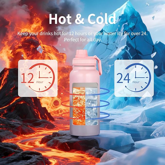 Water Bottle 32oz - Leakproof & BPA Free Sports Water Bottle Carry Strap for Gym, Travel and Outdoor Sports (Stainless steel insulation-Pink)