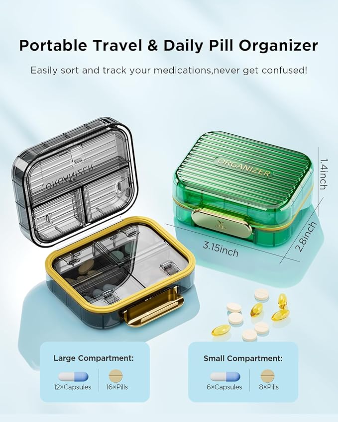 Travel Pill Case, Small Pill Box for Purse, Acedada Portable Daily Pill Container, Compact Moistureproof 7 Compartments Pill Organizer, Stylish Medicine Holder for Vitamins Fish Oils, Black