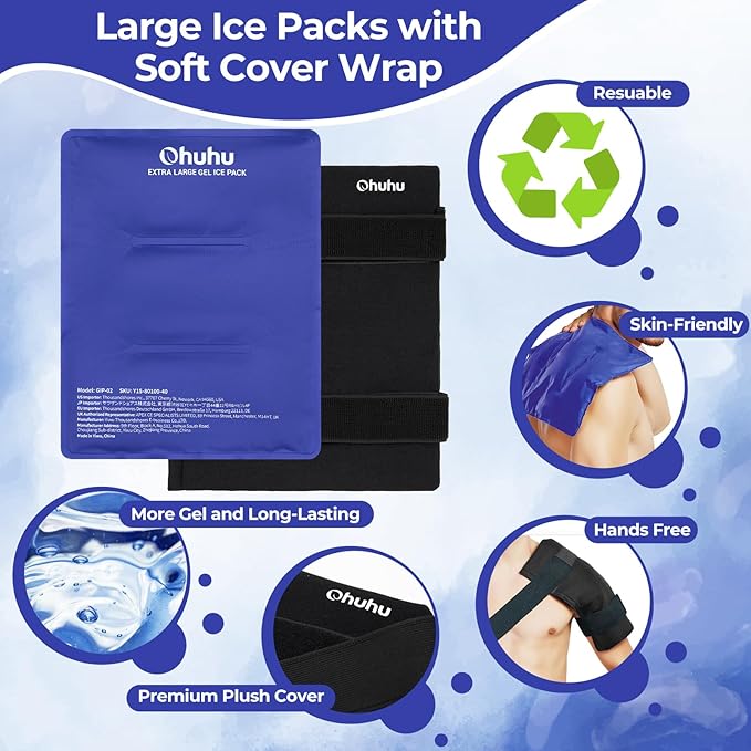 Ice Packs for Injuries 14" X 11": Ohuhu 2 Pack Hot Cold Gel Ice Pack X-Large Reusable Ice Packs with Wrap Flexible Pain Relief for Shoulder Legs Knee Back Hip Aches Injury Muscle Pain-Blue