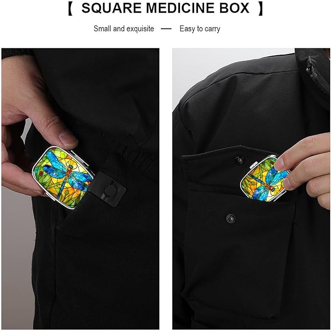 Blue Dragonfly Pill Box 2 Compartment Flora and Fauna Stained Glass Portable Medicine Pill Case Travel Pill Organizer for Pocket Purse