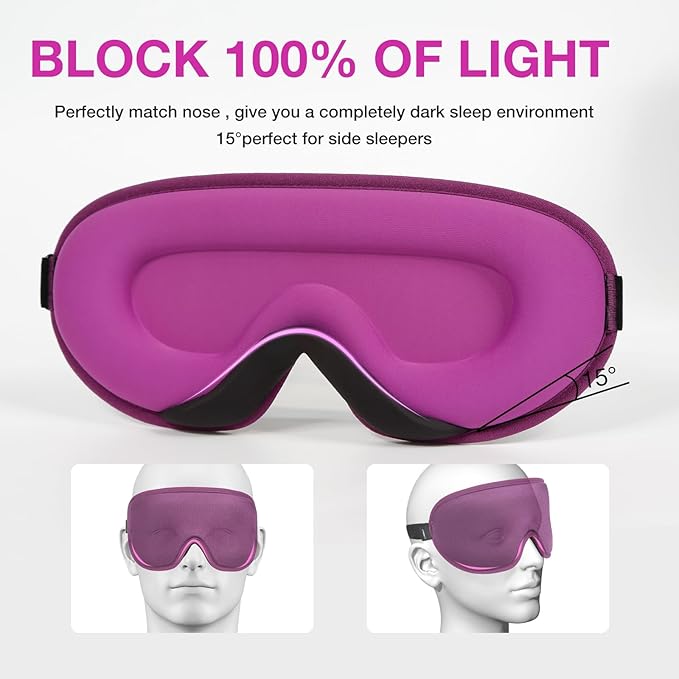 LYSIAN Sleeping Mask for Women, 3D Contoured Block Out Blindfold Travel Eye Mask with Earlugs for Plane,Meditation,Yoga(Purple)