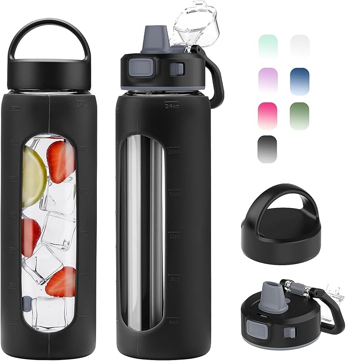 Kodrine 24oz Glass Water Bottle With Straw-2 lids-Reusable Daily Water Intake Glass Bottle with Measurements,Silicone Sleeve, Time Marker, Cupholder Friendly for Home,Gym,Sports-Black