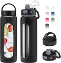 Kodrine 24oz Glass Water Bottle With Straw-2 lids-Reusable Daily Water Intake Glass Bottle with Measurements,Silicone Sleeve, Time Marker, Cupholder Friendly for Home,Gym,Sports-Black