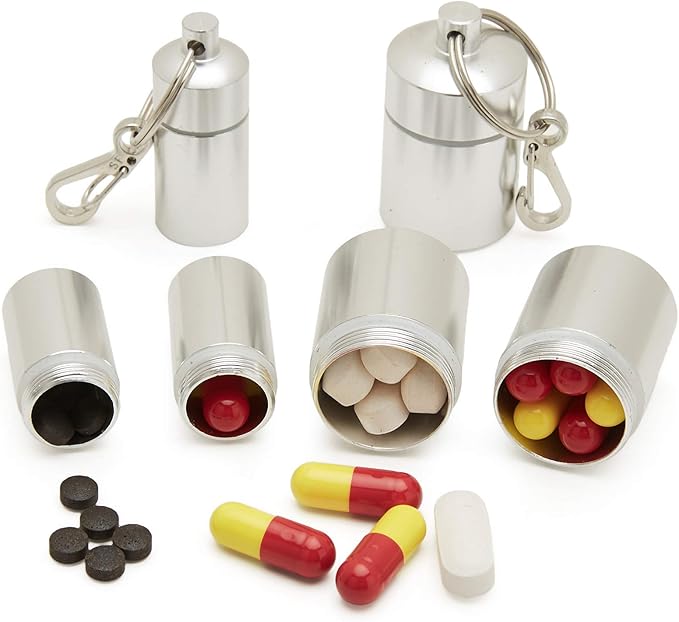Dreambay 2 Pack Small and Large Keychain Portable Daily Pill Case, 3 Compartments Aluminum Alloy Waterproof Mini Box Bottle Holder Container Organizer for Travel Outdoor Camping Medication