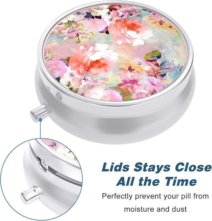 Pill Case, Cute Travel Pill Box for Purse, Moisture Proof Small Medicine Holder, Portable Pocket Medicine Organizer Dispenser to Hold Vitamins, Cod Liver Oil, Supplements, Watercolor Flowers