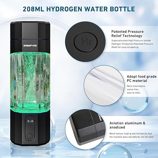 New Upgrade 10000PPB Hydrogen Water Bottle SPE/PEM Technology Seven Colorful Light Double Anti-Slip and Leak-Proof Hydrogen Water Generator with LCD Display (Black, H60)