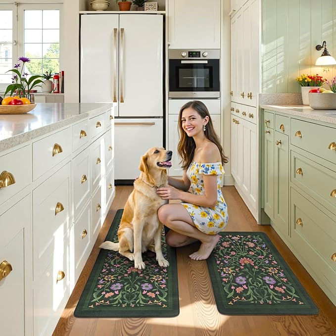 Collive Anti Fatigue Kitchen Rugs Sets of 2, Non Slip Waterproof Kitchen Mat Vintage Floral Runner Rug, Ergonomic Comfort Desk Rugs for Kitchens Floor, Sink, 20" x 47" + 20" x 32", Green