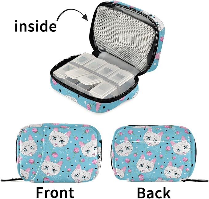 Pill Box Cat Rose 7 Day Pill Case Travel Pill Organizer Bag with Zipper Portable Weekly Vitamin Medicine Supplement Holder Pouch Bag
