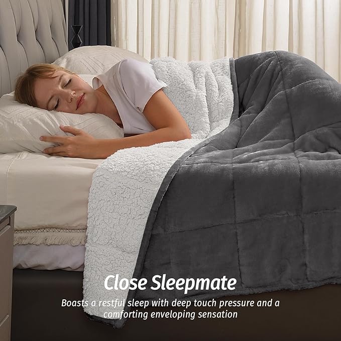 Wemore Sherpa Fleece Weighted Blanket for Adult, 15 lbs Dual Sided Cozy Fluffy Heavy Blanket, Ultra Fuzzy Throw Blanket with Soft Plush Flannel Top, 60 x 80 inches, Grey and White