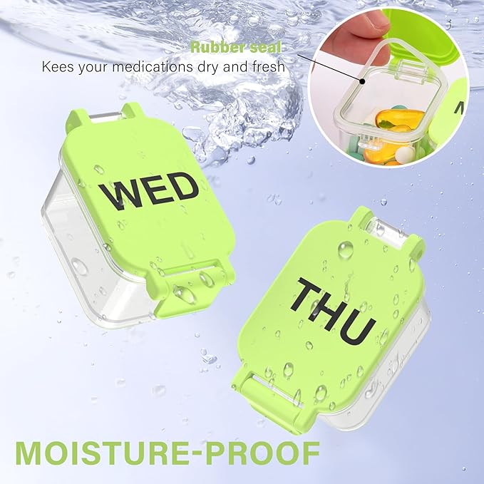 Extra Large Weekly Pill Organizer - Waterproof 7-Day Pill Box, Portable Vitamin & Supplement Case, Easy to Open Design, Ideal for Travel a nd Daily Medication Management (Green)