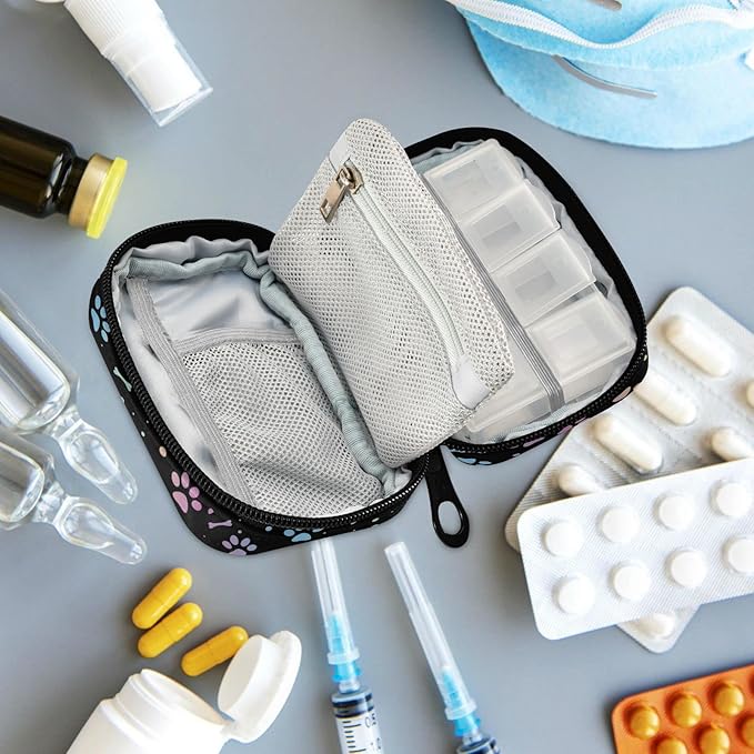 Fustylead Animal Paw and Bone Travel Pill Organizer Case Zipper for Purse with Removable Weekly Pill Box for Medicine, Vitamin, Supplement Medicine Organizer