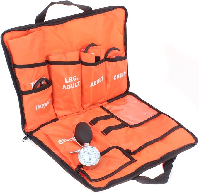 Dixie EMS Aneroid Sphygmomanometer Kit, Manual Blood Pressure Monitor Set with 5 Cuffs for Infant, Child, Adult, Large Adult, Thigh, & Carrying Case - Orange