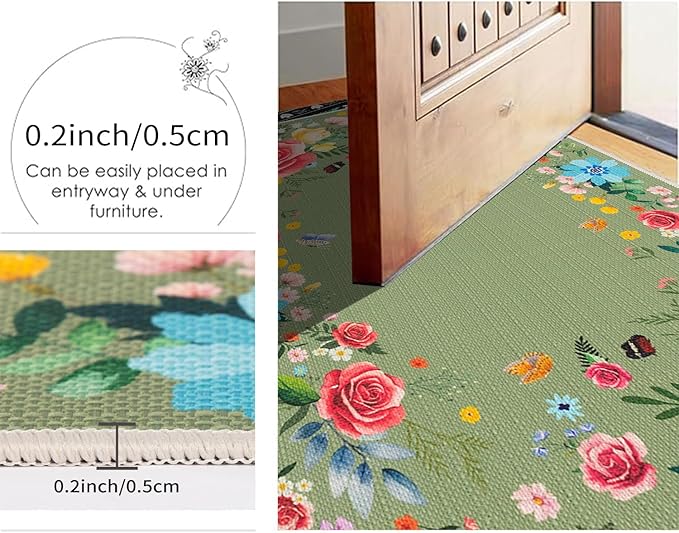 Green Floral Kitchen Mats for Floor, Red Rose Flower Boho Kitchen Rugs Sets of 2, Non Skid Washable Rubber Runner Rugs, Spring Home Decor Accessories 17x30 and 17x47 Inch