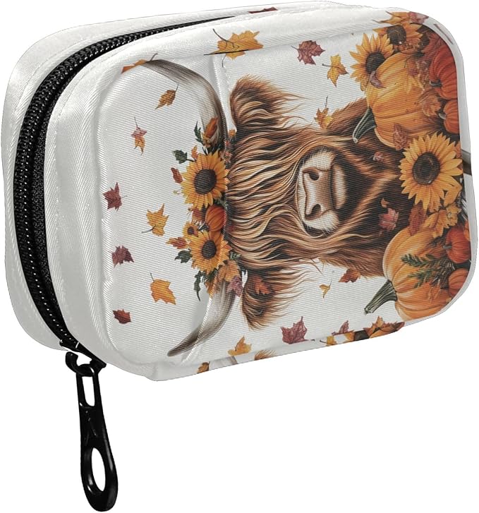 Fustylead Highland Cow Sunflowers Pumpkins and Falling Leaves Travel Pill Organizer Case Zipper for Purse with Removable Weekly Pill Box for Medicine, Vitamin, Supplement Medicine Organizer