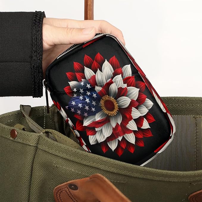 American Flag Daisy Flower Travel Pill Organizer Box Weekly Portable Pill Case Daily Pills 7 Day Small Birth Control Pills Container Removable Compartments for Medicine Vitamins Fish Oil