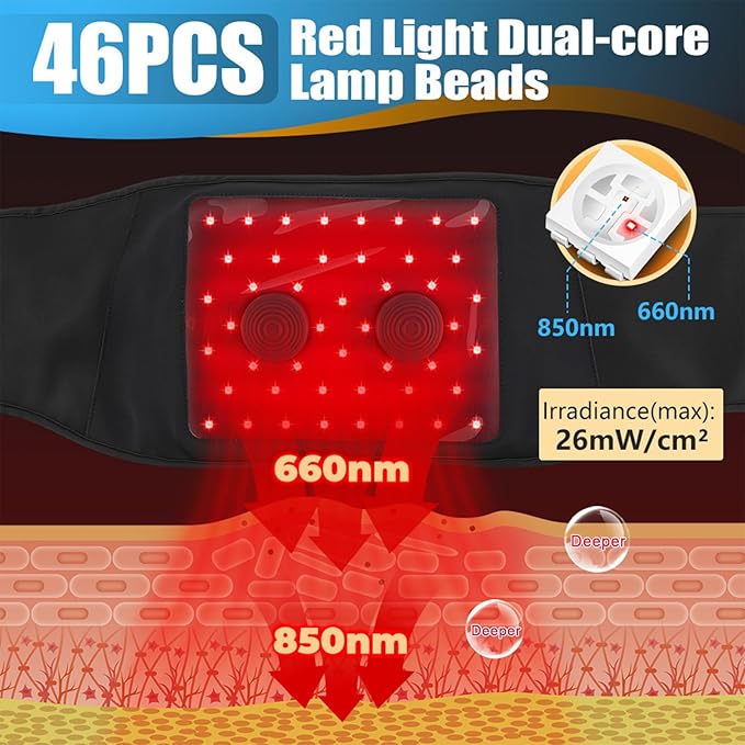 Red Light Therapy Belt for Back & Waist, 660nm 850nm Wearable Red Light Belt with Heat & Vibration, Rechargeable 5000mAh Cordless Heating Pad, 46 LEDs