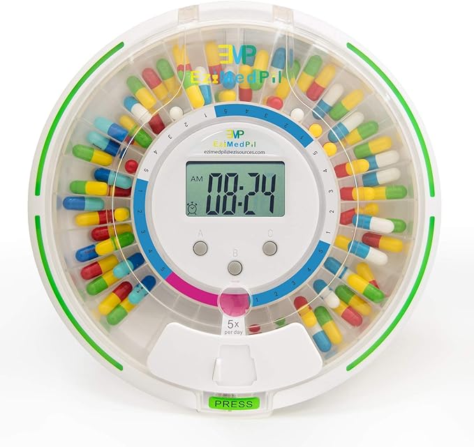 EziMedPil Automatic Pill Dispenser w/Audio & Visual Alerts, up to 6 Alarms/day, 6 Dosage Templates, Easy-Read LCD Display, Lock Medication Dispenser w/Key for Prescriptions, Vitamins & More, Clear Lid