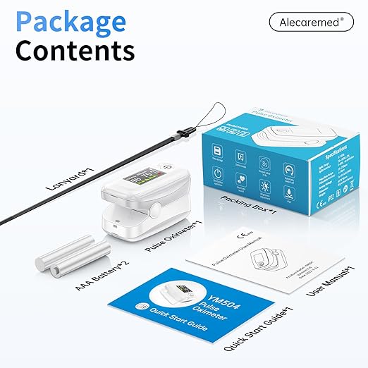 YM504 Pulse Oximeter, 4 Color TFT-OLED 20 × Memory Oxygen Monitor Fingertip, Blood Oxygen Saturation Monitor with Alarm, Batteries and Lanyard (White)