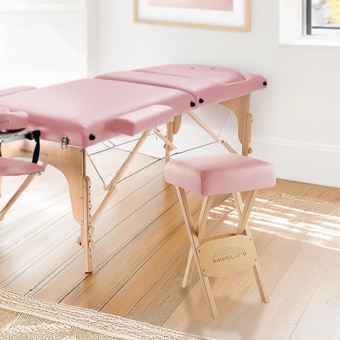 Saloniture Wood Folding Massage Stool with Carrying Case, Pink