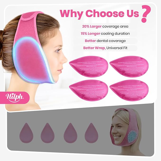 Hilph Wisdom Teeth Ice Pack Head Wrap – Face Ice Pack for Jaw Oral Surgery & TMJ Relief, Upgraded Large Jaw Ice Wrap with 4 Hot Cold Gel Packs for Dental Surgery, Tonsillectomy, Tooth Extraction, Pink