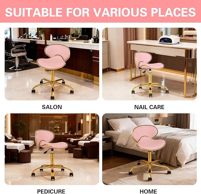 Rolling Stool with Back Support, Set of 2 Salon Stool with Wheels for Spa, Nail Tech and Hair Stylist, Height Adjustable Chair for Massage Beauty Makeup-Pink