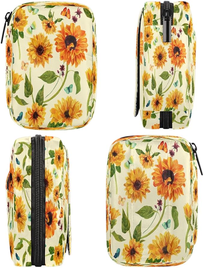 Butterfly Sunflower Leaf Flower Travel Pill Organizer Box Weekly Portable Pill Case Daily Pills 7 Day Small Birth Control Pills Container Removable Compartments for Medicine Vitamins Fish Oil