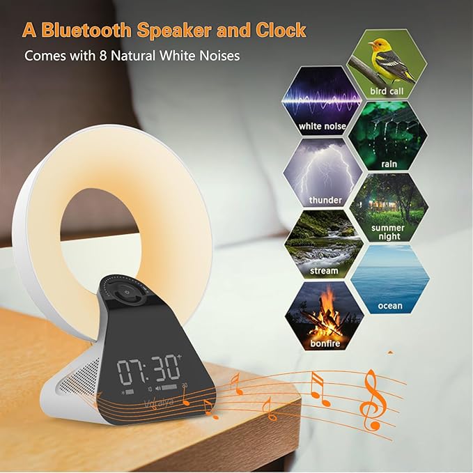 Voraiya Light Therapy Lamp 10000 Lux with Bluetooth, 8 White Noises, Dimmable Wake Up Light Sunrise Alarm Clock, 4 Timer Settings, Memory Function for Sensitive Sleepers and Home Office