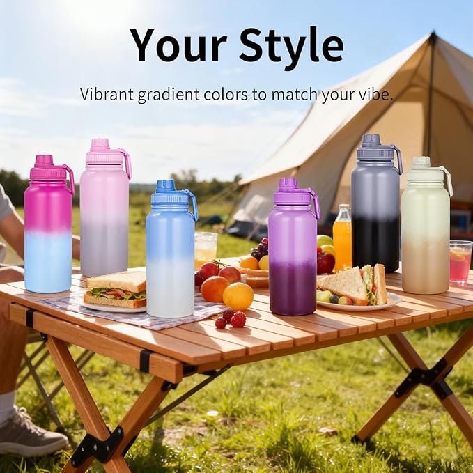 Motivational Water Bottle 32oz with Time Marker- Leakproof & BPA Free Sports Water Bottle with Straw & Carry Strap for Gym, Travel and Outdoor Sports (Stainless steel insulation-Blue)
