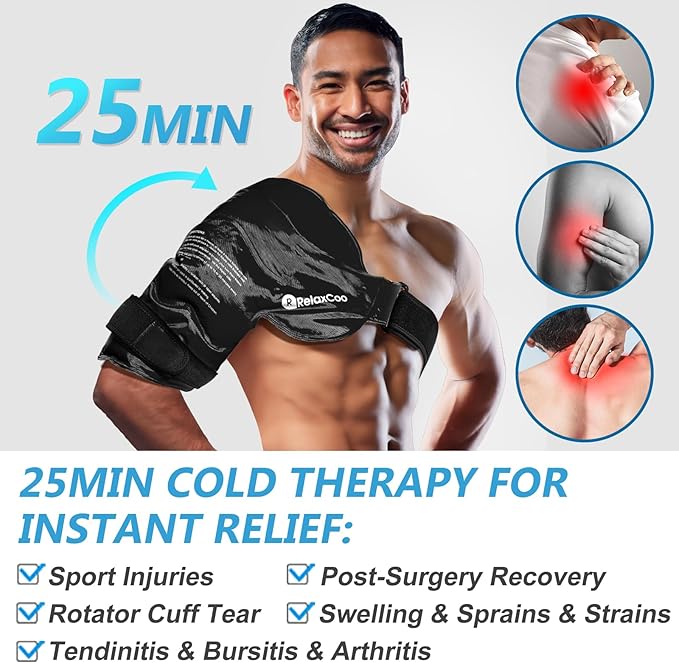 XL Shoulder Ice Pack Rotator Cuff Cold Therapy, Reusable Gel Ice Wrap for Shoulder Injuries & Pain Relief, Bursitis, Tendonitis, Swelling, Recovery for Man and Women Black