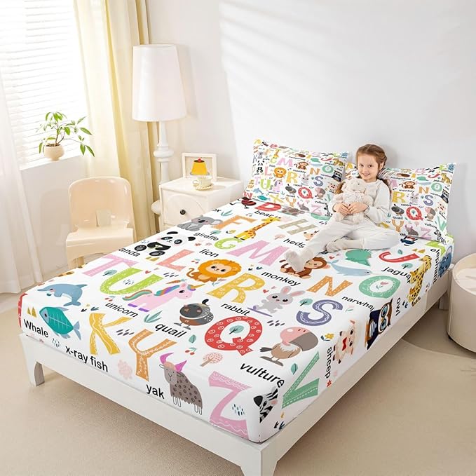 ABC Alphabet Bedding Set Full Size for Boys Girls, Cartoon Animal Bed Sheet Set Cute Educational Learning Tool Fitted Sheet Learning Educational Bed Cover (2 Pillow Cases and a Fitted Sheet)