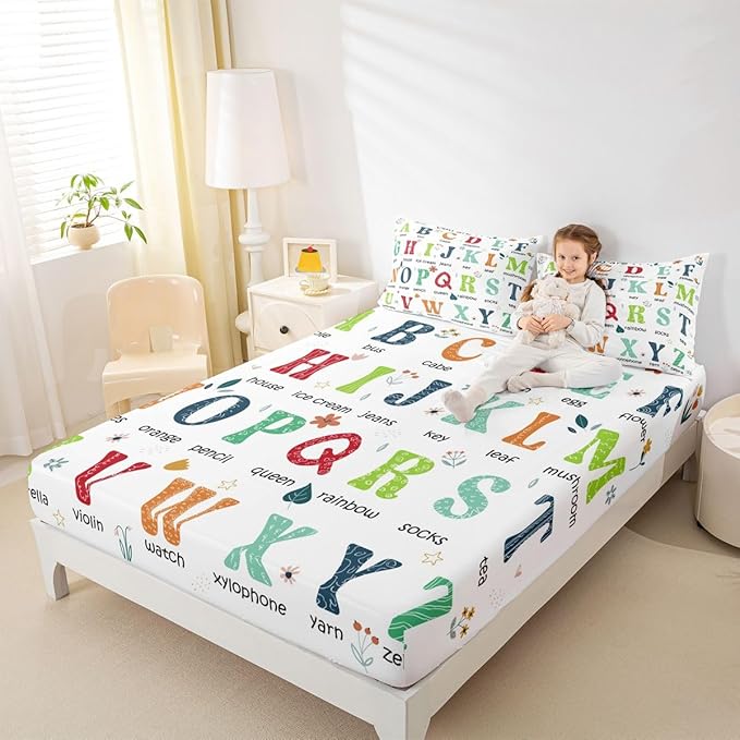ABC Alphabet Fitted Sheet Full Size, Learning Educational Bedding Set Cute Cartoon Funny Positive Words Bed Sheet Set for Kids Toddler Educational Bed Cover 3Pcs (No TOP Sheet)