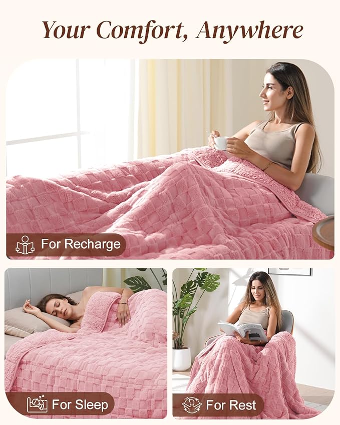 Kivik Dual Sided Weighted Blankets for Adults, Buttery Soft Stylish Checkered Heavy Blankets for Couch Sofa Bed - Ultra-Fluffy Fabric Brings Cloud-Like Comfort (60"x80", Pink, 15 Pounds)