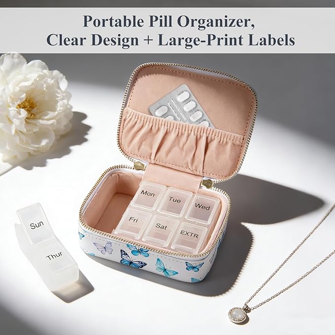 Weekly Pill Organizers, Portable Pill Case with Removable Pill Sorter, Travel Pill Organizer 7 Day,Leather Vitamin Box, Medicine Dispenser, Daily Pill Box Travel Case. (White with Butterfly)