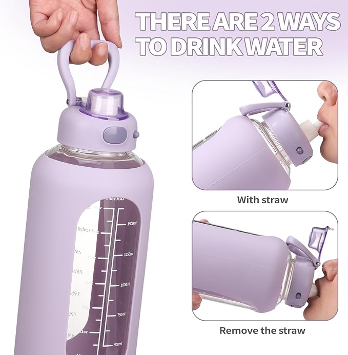 SIEROZUR 64 oz Glass Water Bottle with Straw and Handle Half Gallon Large Water Bottle with Silicone Sleeve and Time Marker Sports Water Jug Wide Mouth for Travel Gym