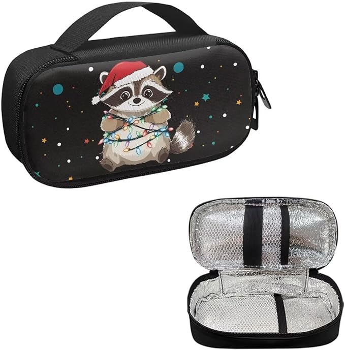 Cute Christmas Raccoon Insulin Pen Cooler Travel Case Easy to Use Glucose Meter and Diabetic Supplies Storage Carrying Bag for Needles, Insulin Cartridges, Test Strips