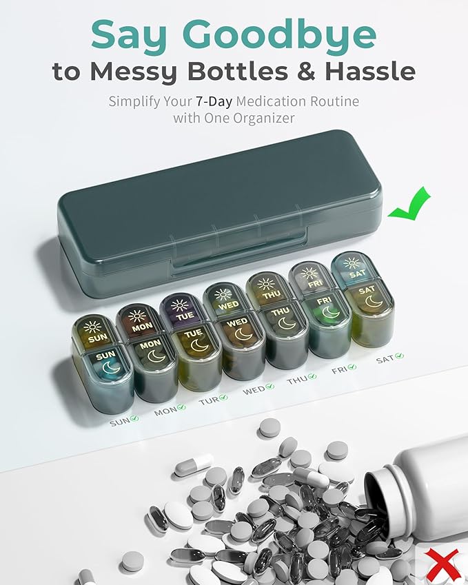 Pill Organizer 2 Times a Day, AM PM Pill Box 7 Day, Weekly Medicine Organizer with Large Capacity, Travel Pill Case for Medication, Vitamins, Fish Oils, Supplements (Easy to Use, Portable)