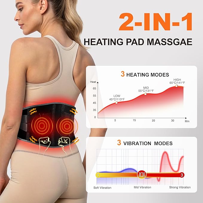Graphene-Infused Cordless Heating Pad with Massager for Back, 5000mAh Rechargeable Portable Lower Back Massager with 3 Heat 3 Vibration with 20/30/40 mins Timer Options, Gifts for Women Men Mom Dad