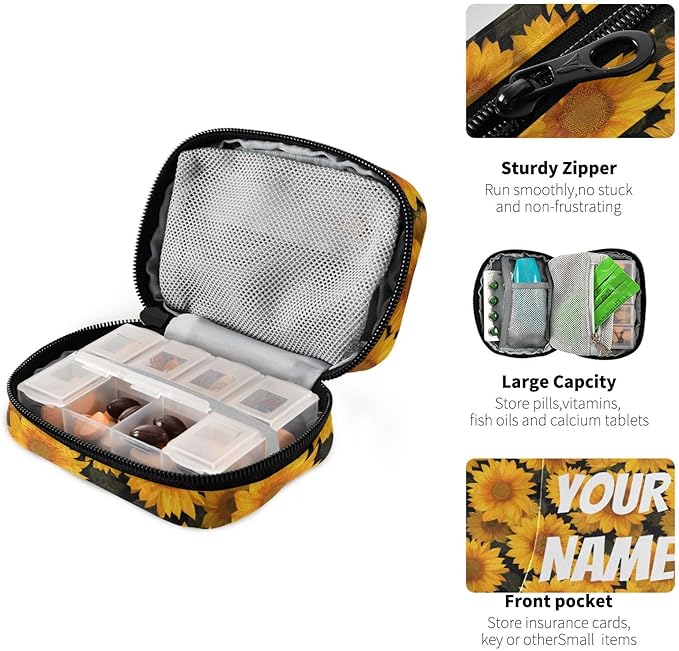 Sunflower Zipper Travel Medicine Bag Flower Vintage Large Capacity Pill Storage Bag Unisex Printed Pill Organizer for Medicine Vitamin, Travel Pill Box Pouch with Customized Name