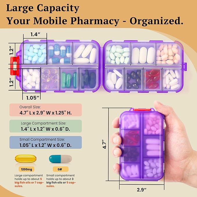 Travel Pill Organizer with Bulk Stickers & Labels - Small & Portable Daily Medicine Pharmacy for Pocket, Bag - 14-Compartment Foldable Supplement Box Holder for Fish Oil Vitamin - Clear Purple