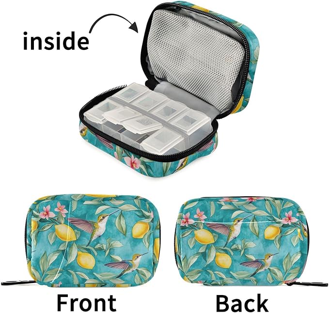 Fustylead Retro Hummingbirds and Lemon Tree Pill Organizers 2 Times A Day Pill Case Bag with Zipper Portable Weekly Pill Dispensers for Vitamin Supplement
