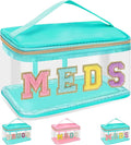 Chenille Letter Bag Clear MEDS Makeup Pouch, Preppy Small Medicine Bag Travel Drugs Pills Zipper Pouch with Handle, Nylon Waterproof Portable Meds Bag Toiletry Organizer for Patient Nurse(MEDS-Green)