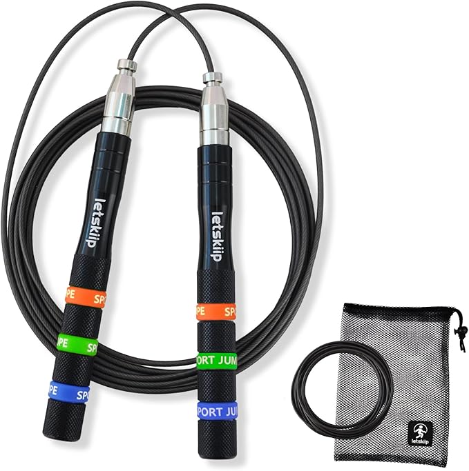 Speed Jump Rope for CrossFit & Boxing - Secure Self-Locking Adjustable Skipping Rope for Men & Women - Anti-Slip Aluminum Handles & Smooth Ball Bearings for Double Unders, HIIT, Home Gym (2 Cables Included)