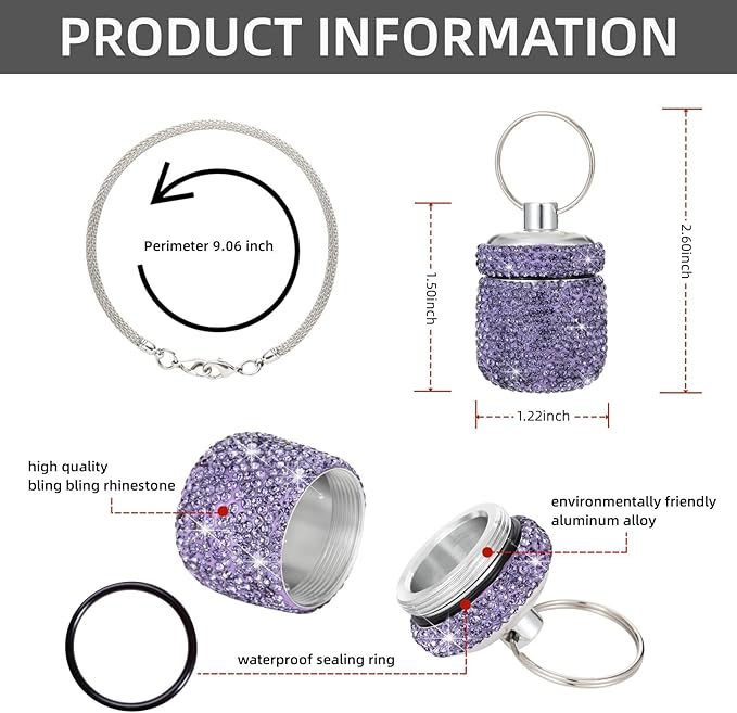 Keychain Pill Holder Bling Small Pill Box for Purse Portable Pill Case Organizer Cute Key Chain Pill Container Bottle for Capsule Vitamin Supplement(Purple)
