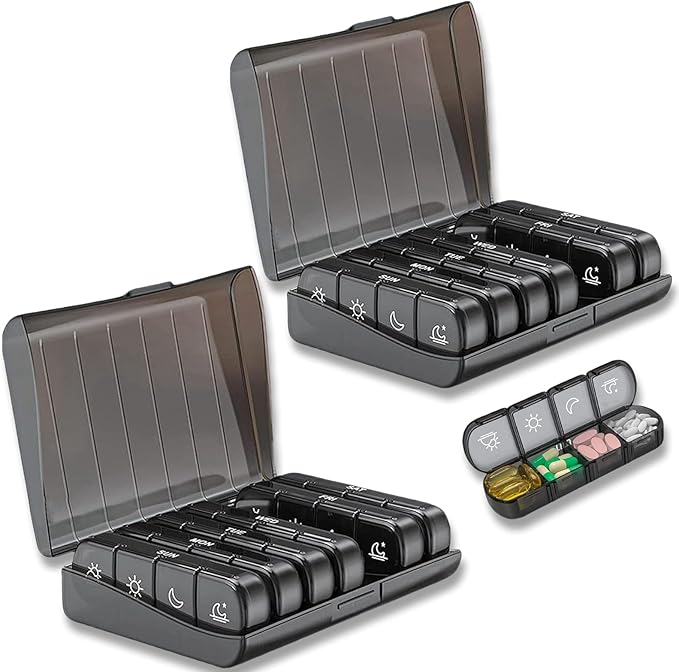 2 Pack Weekly Pill Organizer 4 Times a Day, Portable Travel Daily Pill Box 7 Day, 2 Week Medicine Holder Case for Fish Oil, Vitamin, Supplement